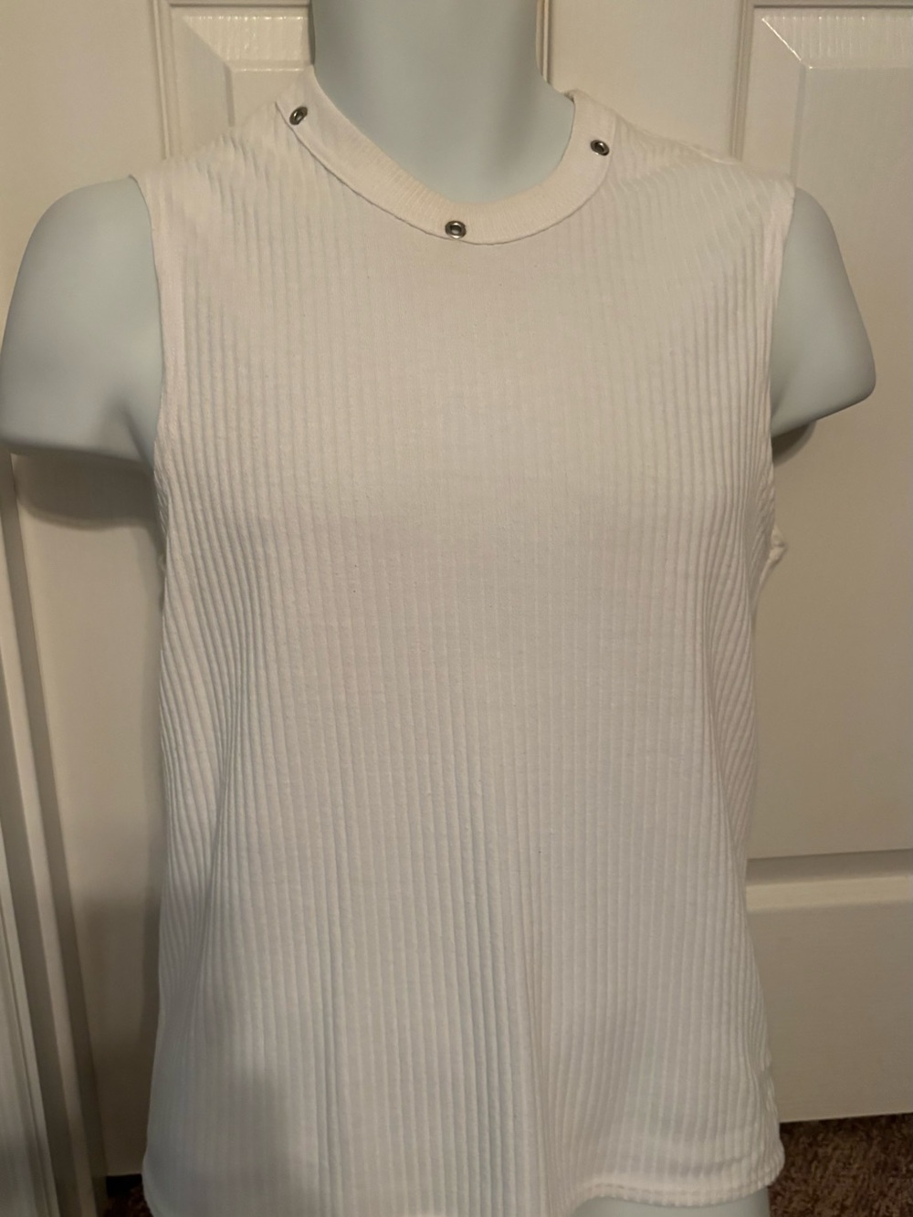 Sleeveless Ribbed Tank Top with Stud Detail - White